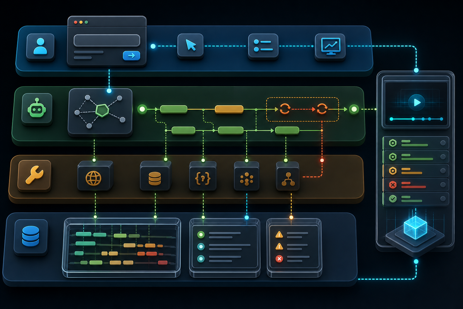 Agent 工具调用从 UI、运行器、工具网关到安全遥测存储的链路示意图