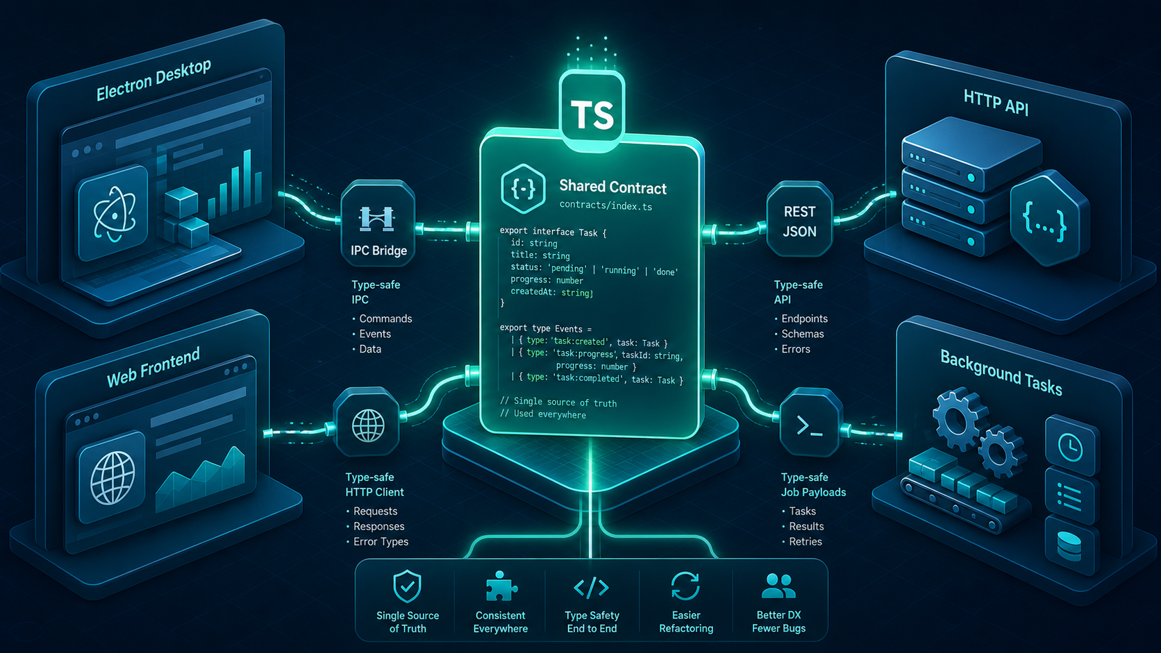 Electron 和 Web 共用一套 TypeScript 合同时，我怎样把 IPC、HTTP 和后台任务都收口到 Zod