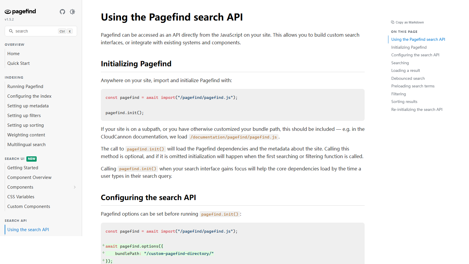 Pagefind Search API 文档截图